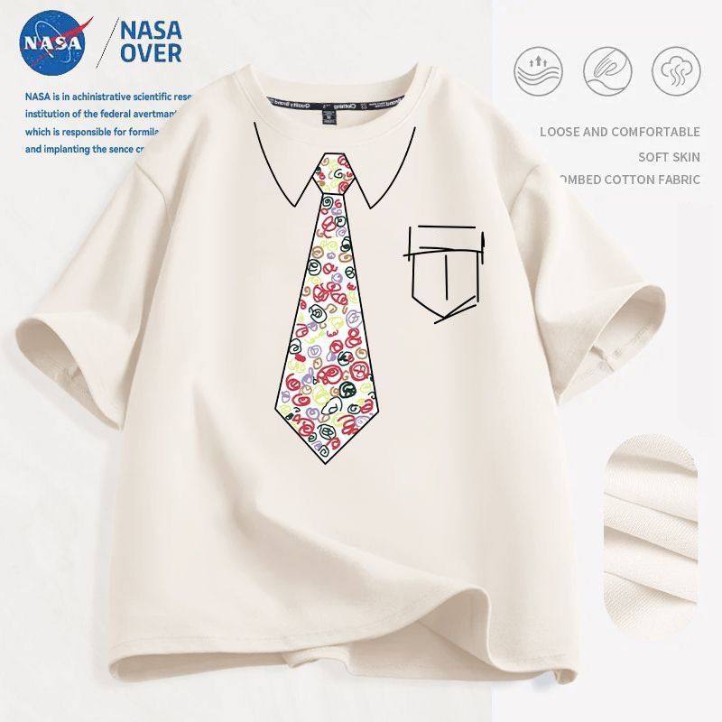 NASAのネクタイ、スティーブン・チョウ映画風、面白い半袖Tシャツ、メンズのフェイクネクタイ、デザイン性の高い半袖トップス。