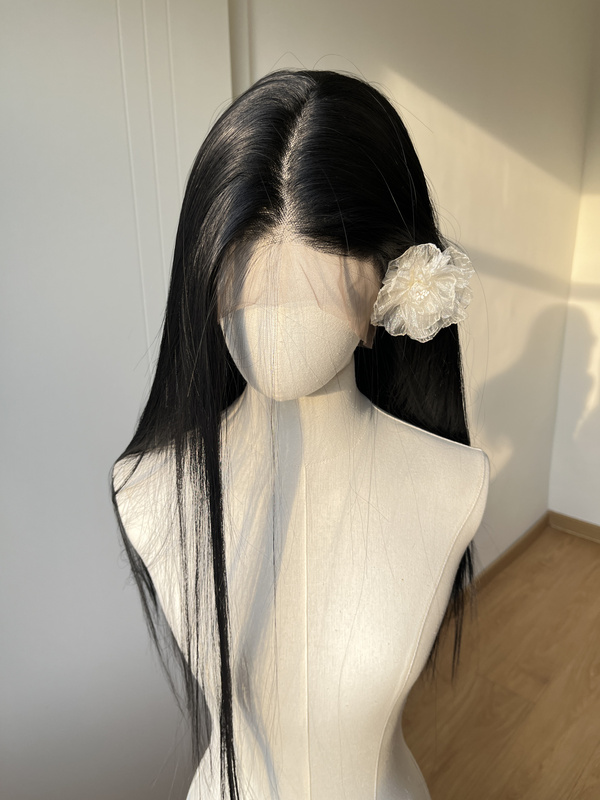 Flat Head Xiao Xu Black Long Straight 13×6 Hand-Tied Extra Large Lace Back Hair Can Be Styled into a High Ponytail Cosplay High-Temperature Fiber Wig