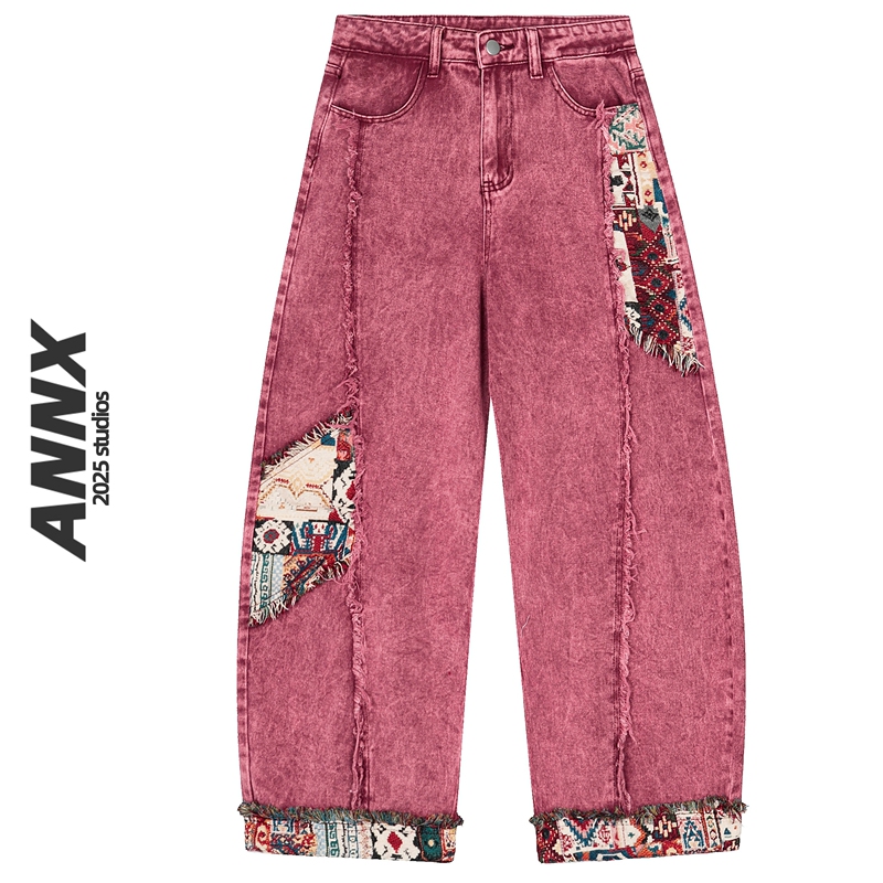 Annx2026 American Retro Patchwork Frayed Hem Design Jeans for Women, New Summer Vintage Trendy Wide-Leg Pants Annx2026 American Retro Patchwork Frayed Hem Design Jeans for Women, New Summer Vintage Trendy Wide-Leg Pants