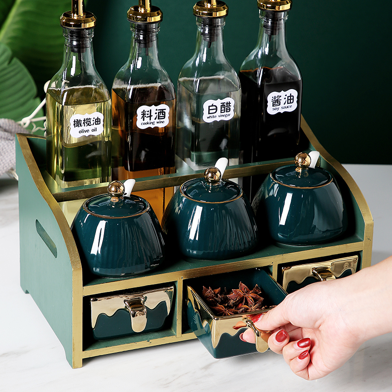 Nordic ceramic condiment boxed set combination of household kitchen seasoning as cans frame oil pot of salt jar storage box