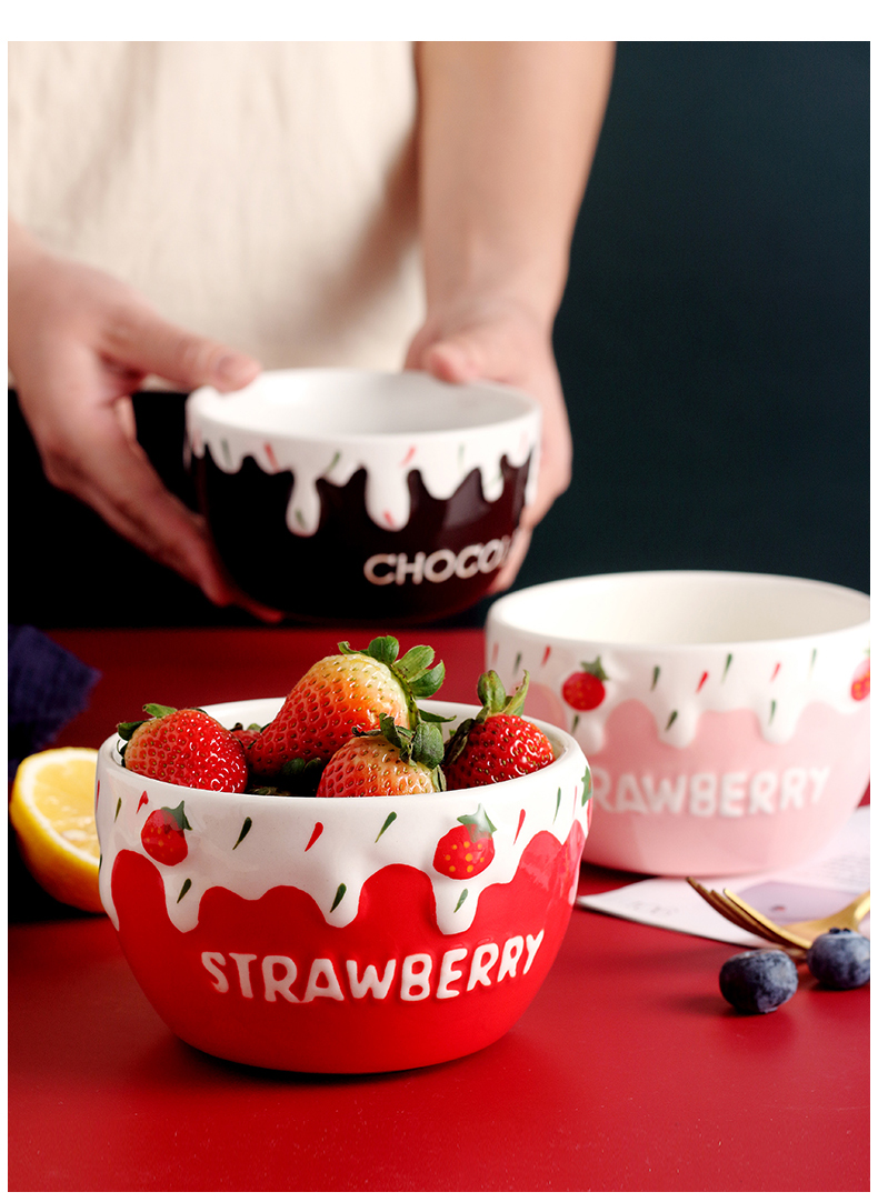 Ceramic bowl of strawberry home students creative express cartoon tableware dessert fruit salad bowl bowl of rice bowls. A single