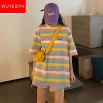 Striped Short Sleeve T-Shirt Teen Birth Summer Dress 2022 New Middle School Student Korean Edition Loose Medium clothes