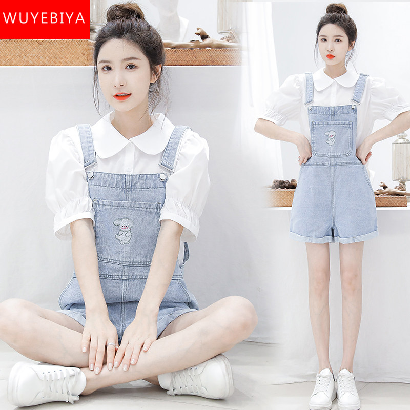 Denim baby bag shorts girl born summer dress 2021 new junior high school students Korean version loose cute two-piece suit
