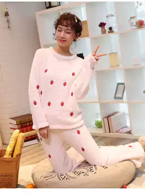 Strawberry pajamas women's autumn and winter soft and thick warm loose round neck pullover cute Sweet Home suit winter