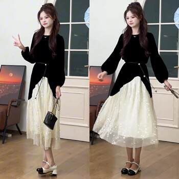 Hepburn style sequined mesh velvet dress