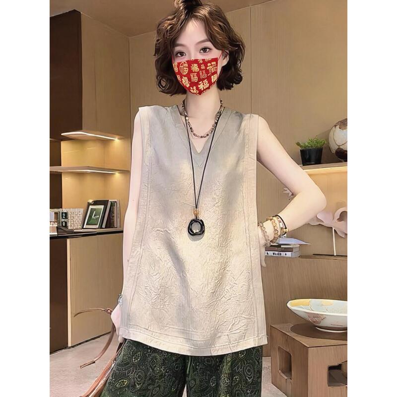 French-Style High-End Old Money Style V-Neck Acetate Sleeveless Shirt for Women, Summer Loose Fit with Slit, Slimming Tank Top French-Style High-End Old Money Style V-Neck Acetate Sleeveless Shirt for Women, Summer Loose Fit with Slit, Slimming Tank Top