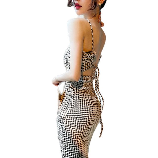 French Retro Houndstooth Temperament Sexy Slim Hip Sling Long Dress Hong Kong Style Backless Cross Strap Dress