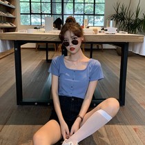 Summer 2021 New ins square collar short loose short sleeve T-shirt French sweet and spicy thin hot girl top womens clothing