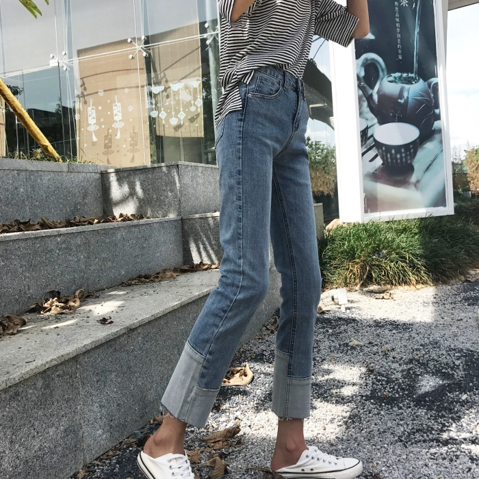 2021 Autumn New Student Loose Straight Pants High Waist Cropped Jeans Women Patchwork Raw Edge Nine Points Denim Pants Female ripped jeans