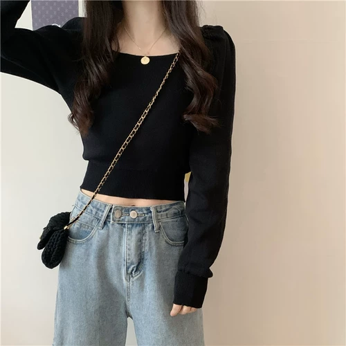 Черный короткий лонгслив, свитер, осенний, коллекция 2022, оверсайз, квадратный вырез, рукава фонарики, французский стиль