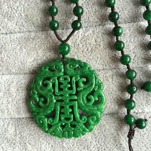 Myanmar dry green Tie Longsheng pendant for men and women Yang green jade hollow Wanshou brand pendant jade necklace