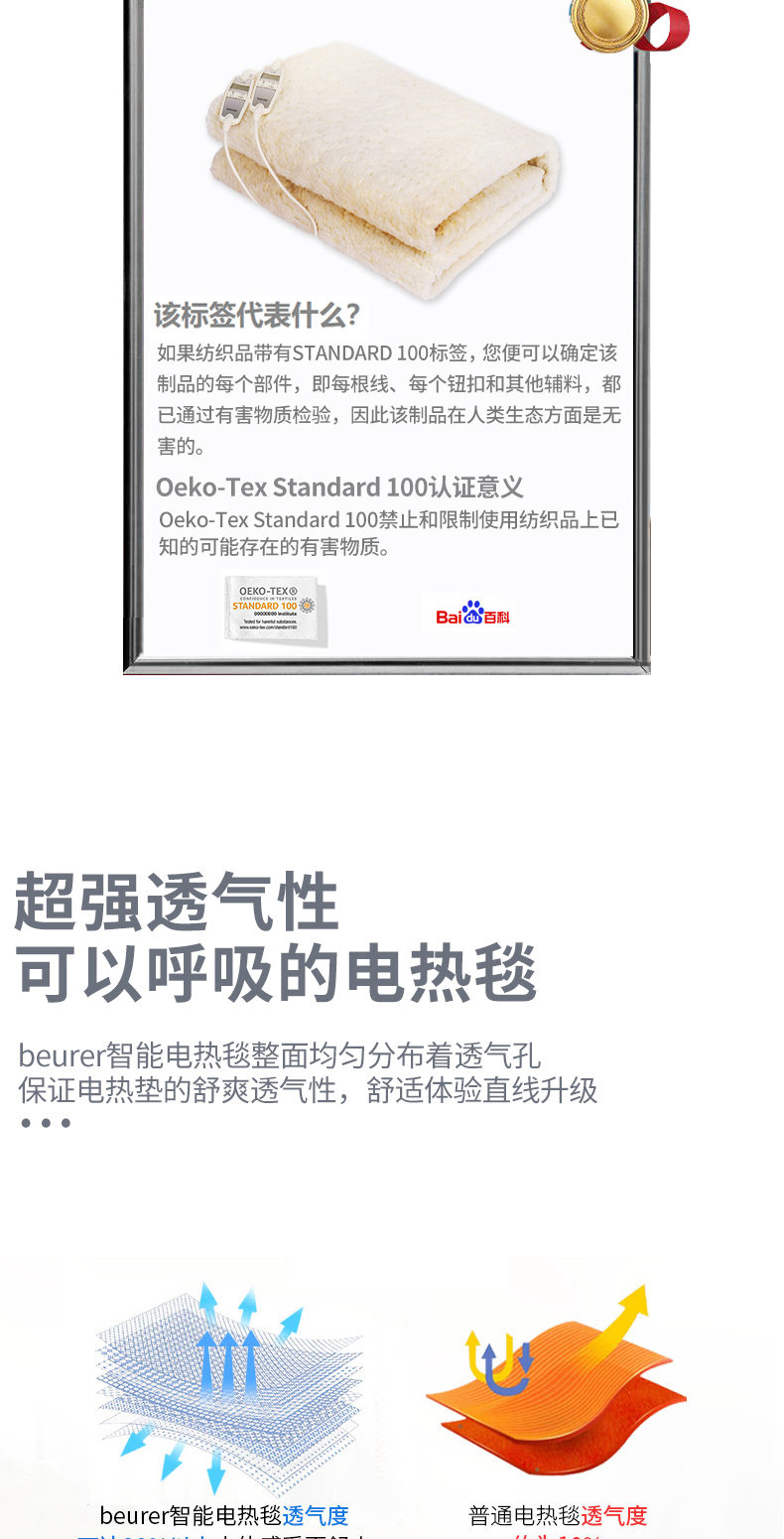 德国Beurer 进口电热毯 可水洗 150cm*155cm 图8