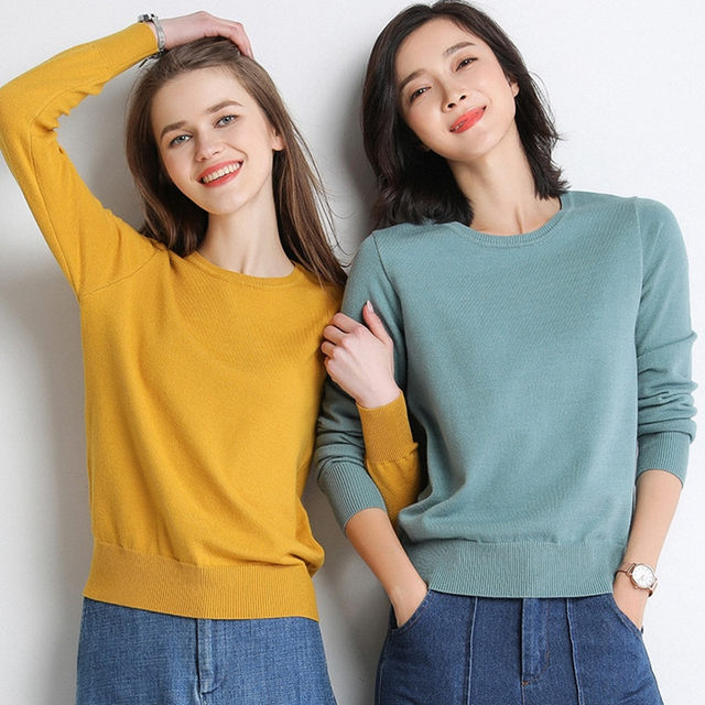 Spring and autumn women's solid color woolen sweater women's sweater pullover round neck thin bottoming shirt loose long-sleeved all-match cashmere sweater