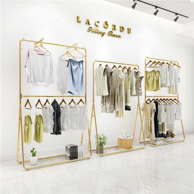 Womens clothing store gold double-layer hanging rod floor-to-ceiling combination clothing display rack Simple shelf Childrens clothing hanging rack