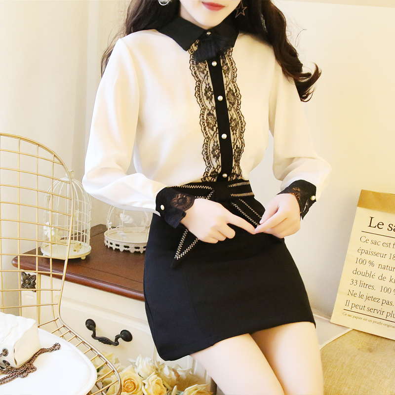 VK旗艦店 韓國風淑女氣質紡襯衫高腰短裙套裝長袖裙裝