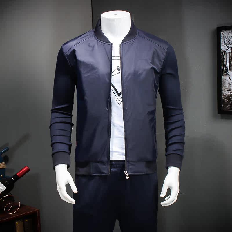 男士运动套装中年休闲运动服大码立领南韩丝中老年运动套装男春秋