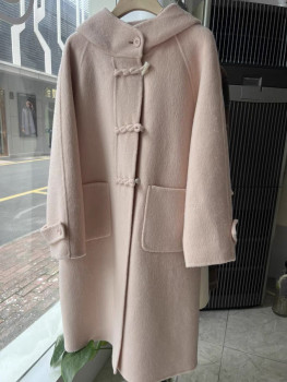 bear熊熊的店 150小个子牛角扣连帽双面昵大衣女中长款粉色外套