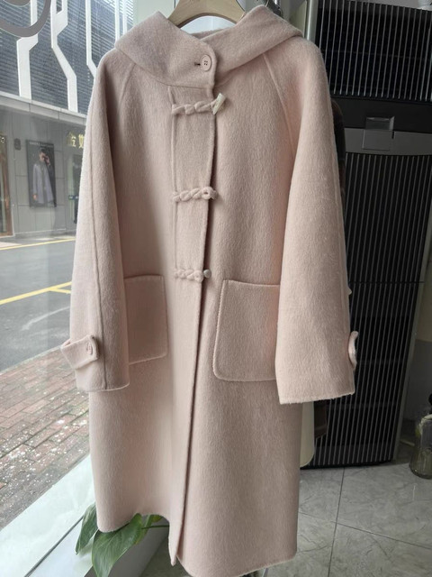 bear熊熊的店 150小个子牛角扣连帽双面昵大衣女中长款粉色外套