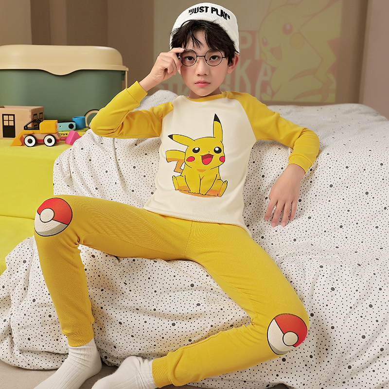 Pikachu Boys' Autumn Cotton Pajama Set, Pure Cotton, for Older Boys, Children's Underwear, All-Cotton Base Layer for Spring and Autumn