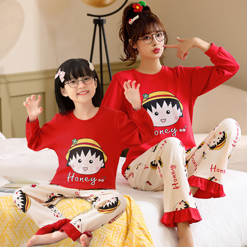 Spring and autumn mother and daughter pajamas cotton parent-child wear long-sleeved red festive autumn little girl baby princess home service