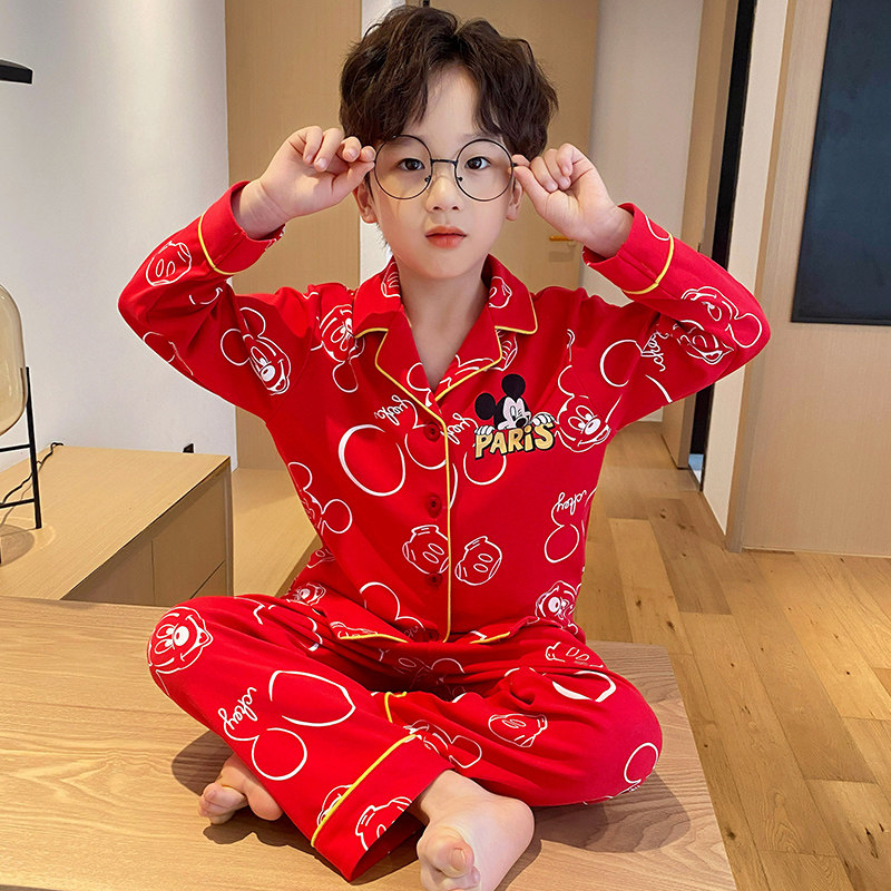 2022 new boy sleepwear big red tiger New Year festive pure cotton long sleeve cardiovert boy big boy's home clothes