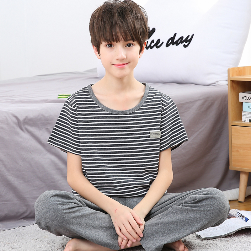 Trẻ em bông nhà quần áo mỏng đồ ngủ boy set boy lạnh bé mùa hè tay áo ngắn 12-15.