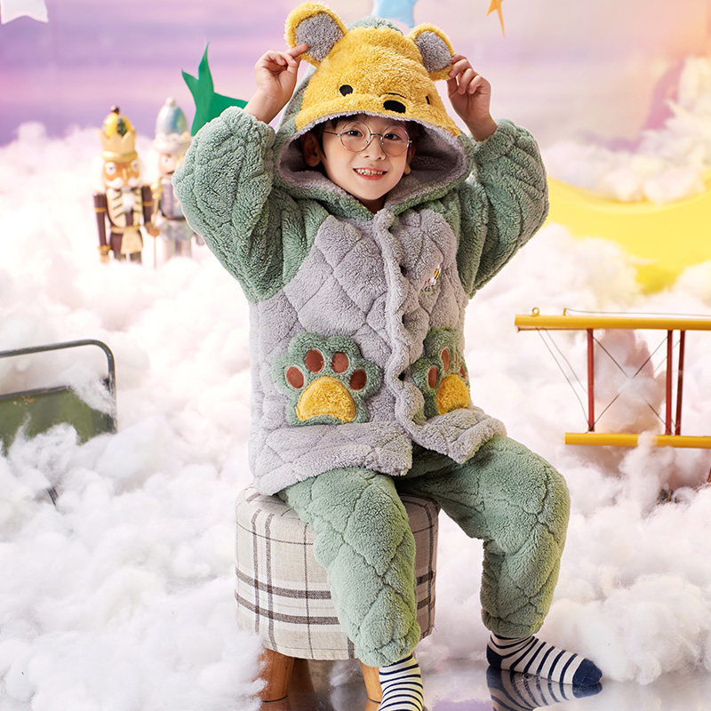 Boy's pyjamas thickened Coral Suede Cute Cartoon Small Bear Vini Triple Clip Cotton Children's Home Suit Winter