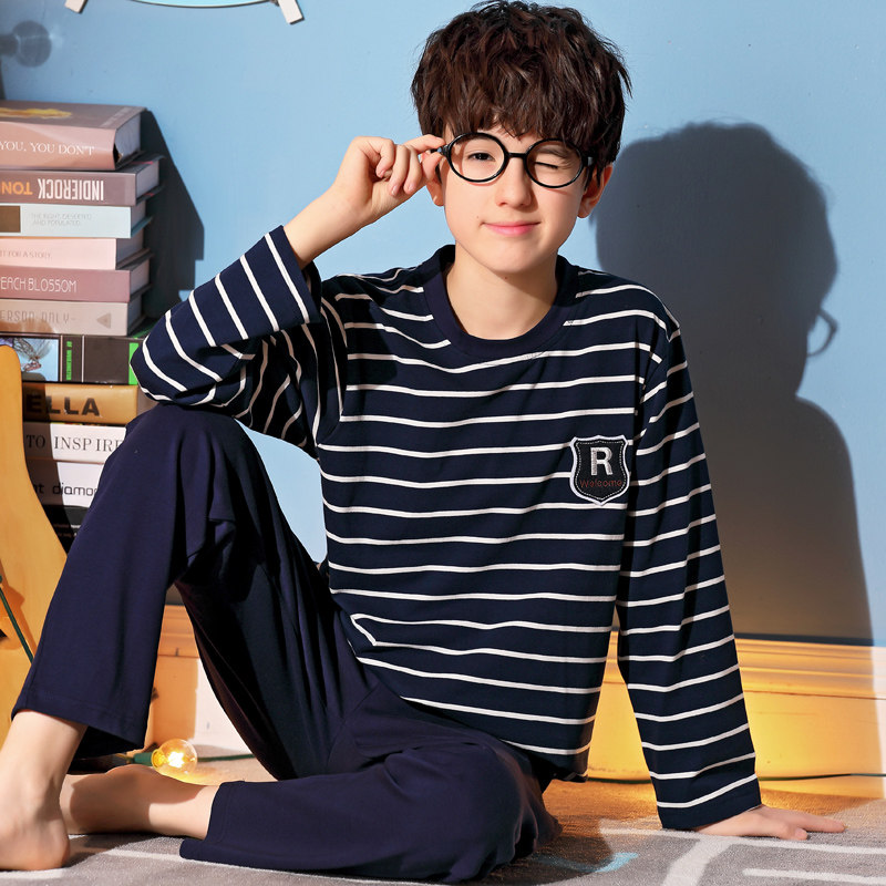 Children's sleepwear boy Spring-autumn-style long sleeve pure cotton boy CUHK Boy 12-15 Cartoon full cotton Home Residence Suit Suit