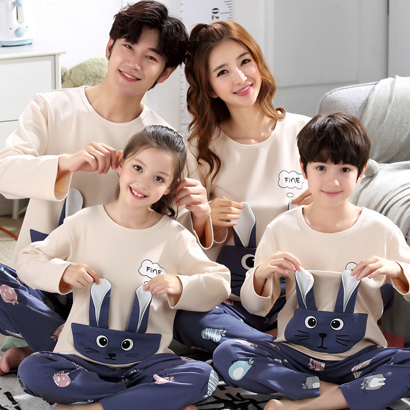 Spring autumn Winter pure cotton long sleeve parent-child sleepwear family of four families with cartoon three-mouth mother and mother and mother and mother of three