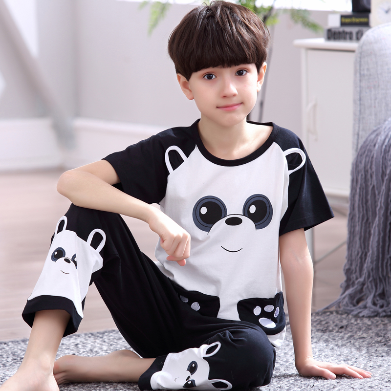 Children's pyjamas boy spring summer pure cotton short sleeve long pants thin section boy CUHK scouts full cotton home suit suit