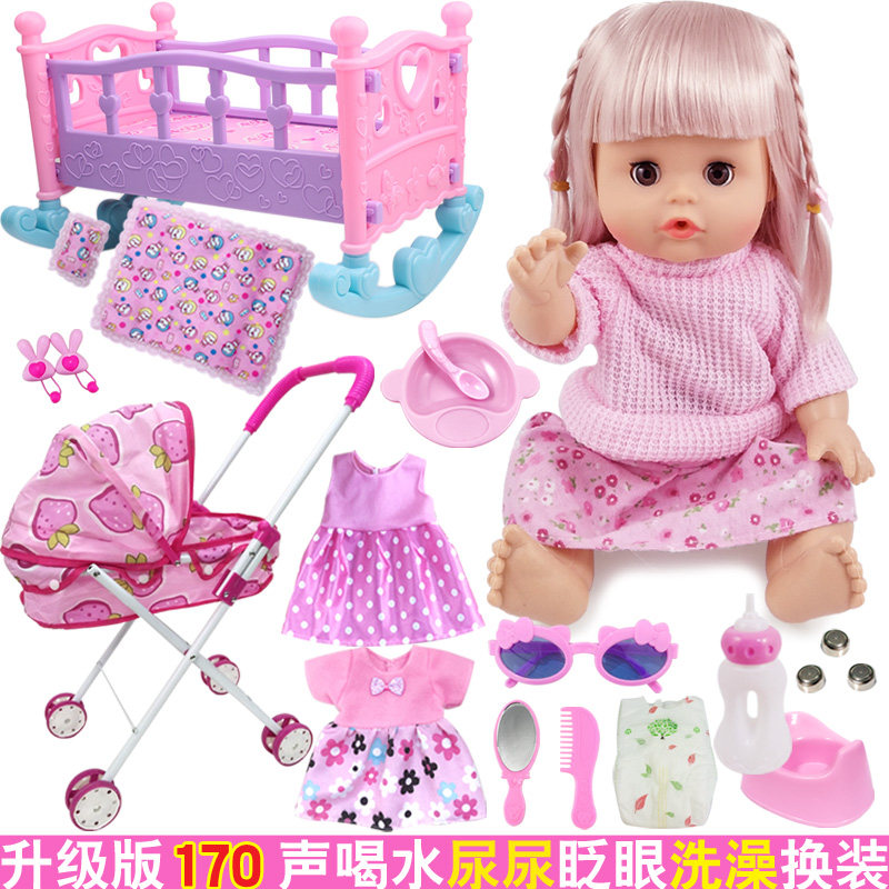 The girl will talk to the doll princess over the house with a cart emulated baby toy to take care of the baby dressup feeding