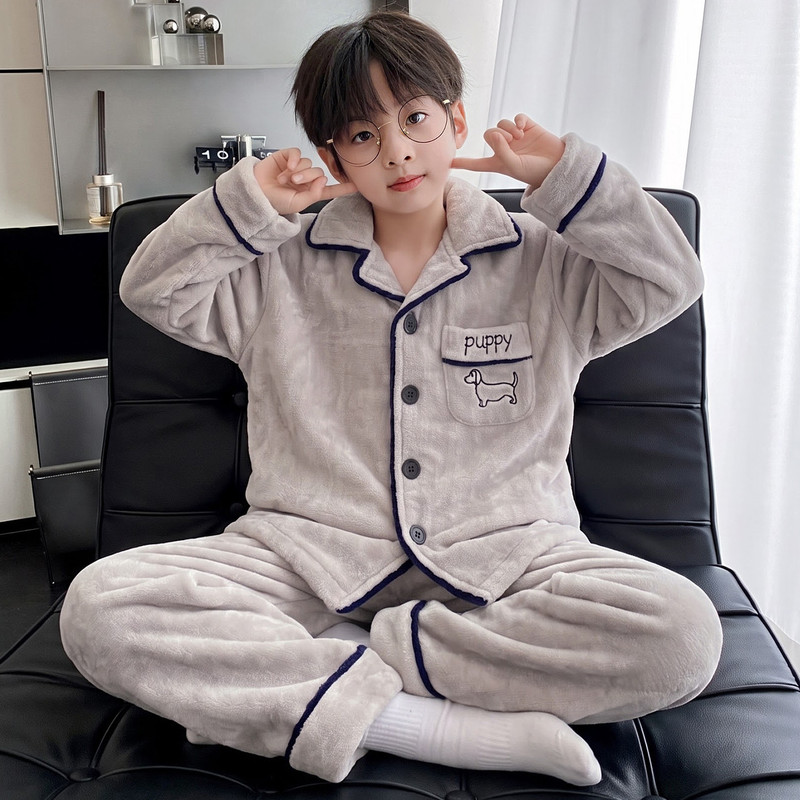 Boys' Pajamas for Autumn and Winter, Long-Sleeved Flannel, for Older Children, 12-Year-Old Boys, 13-Year-Old Boys, Coral Fleece, 15-Year-Old Middle School Students' Set Boys' Pajamas for Autumn and Winter, Long-Sleeved Flannel, for Older Children, 12-Year-Old Boys, 13-Year-Old Boys, Coral Fleece, 15-Year-Old Middle School Students' Set