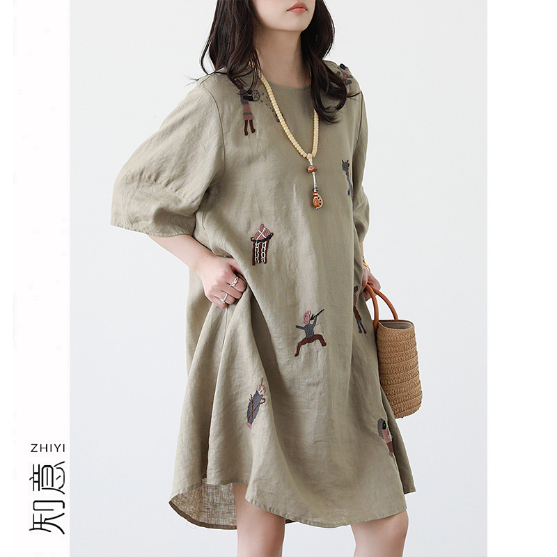 Zhiyi Original 100% Linen Hand-Embroidered Dress for Women, Summer Simple Round Neck Loose Breathable Little Black Dress
