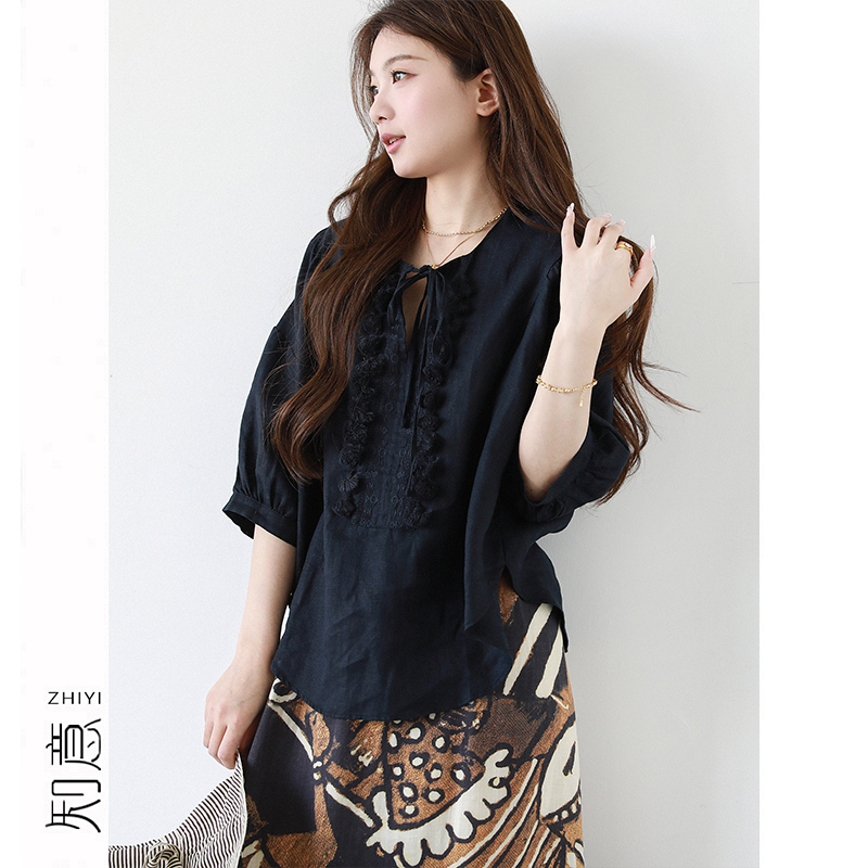 4.30/French Retro Linen Shirt for Women 2026 New Style Loose Slimming V-Neck Tie Tassel Half-Sleeve Top