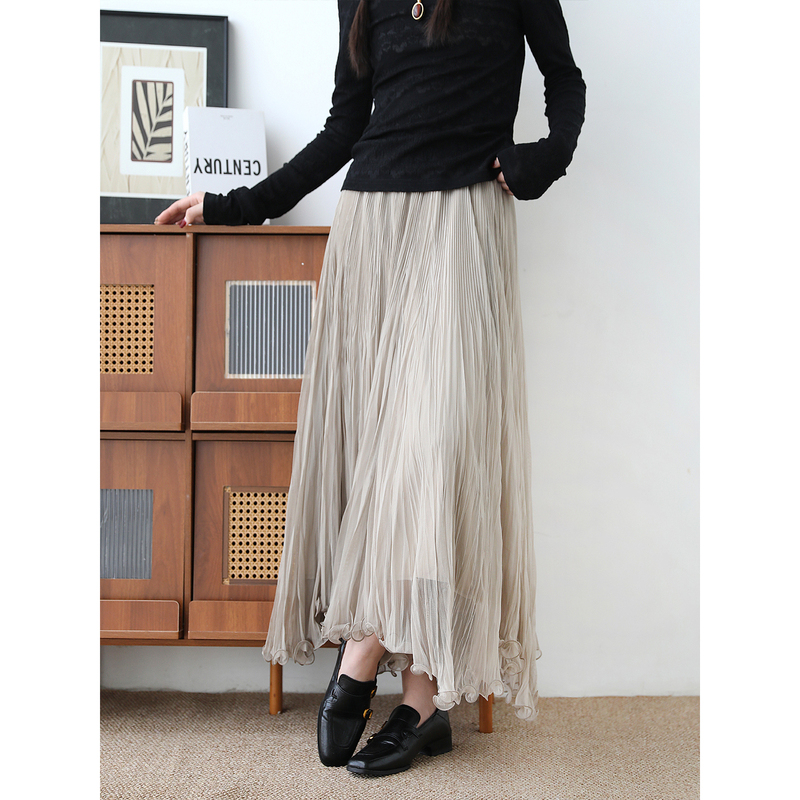 8.9/Early Autumn New French-Style Lazy Pleated Mesh Skirt with Drapey Irregular Wave Lace Long Skirt 8.9/Early Autumn New French-Style Lazy Pleated Mesh Skirt with Drapey Irregular Wave Lace Long Skirt