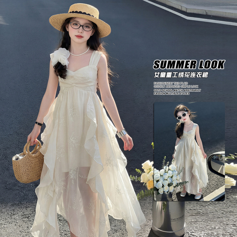 Girls' French-Style Embroidered Square-Neck Suspender Dress 2026 Summer New Style Big Girl Dress Super Fairy Long Dress