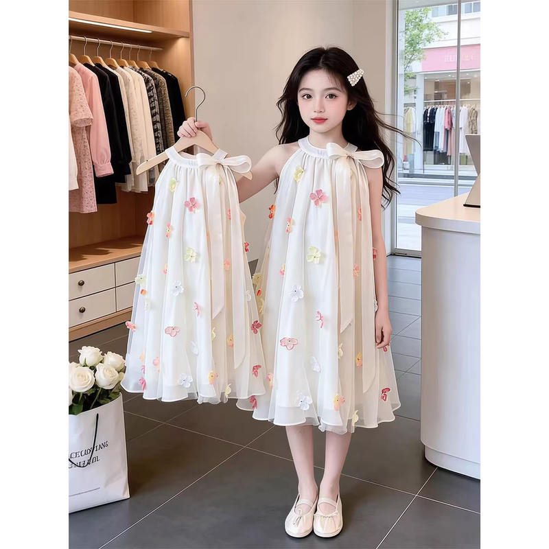 Girls' Dress 2026 New Model Fairy-Style Three-Dimensional Strap Dress with Floral Embellishments, Super Beautiful Summer Children's Princess Dress