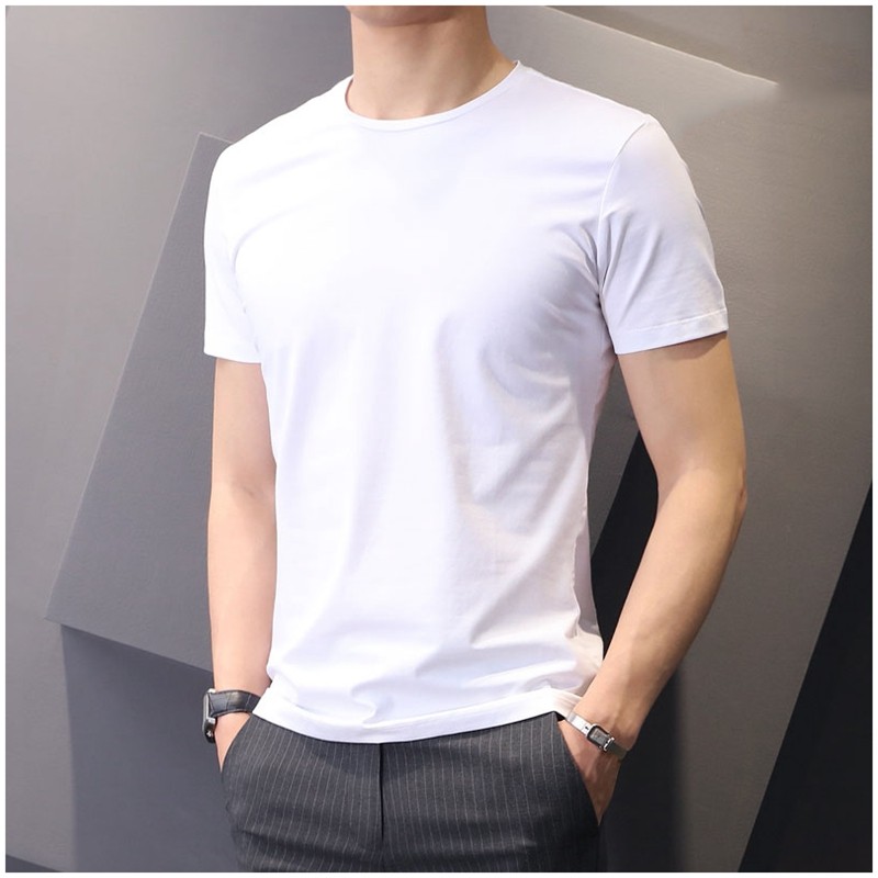 Pure cotton short-sleeved t-shirt men's 2021 summer new trend ice silk men's white T-shirt round neck casual solid color top