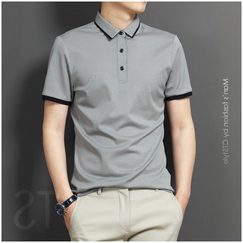 Mercerized cotton short-sleeved T-shirt men's trend brand solid color lapel T-shirt men's trend wild polo shirt summer top men