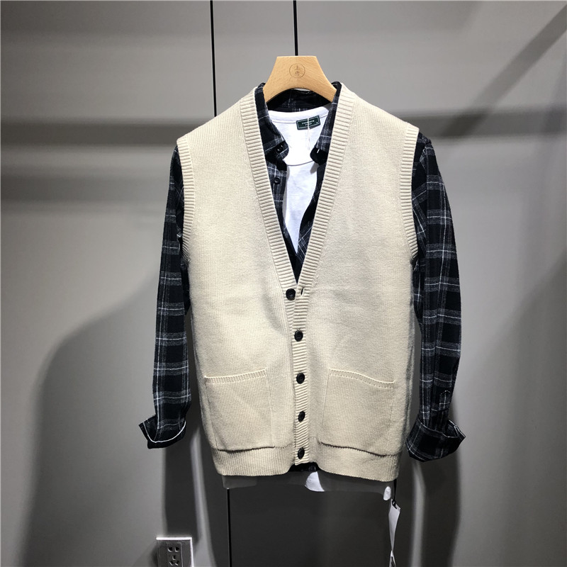 Mùa thu mới nam áo len vest vest thanh niên lỏng lẻo màu không tay đan áo len cardigan áo khoác vest áo vest nam công sở