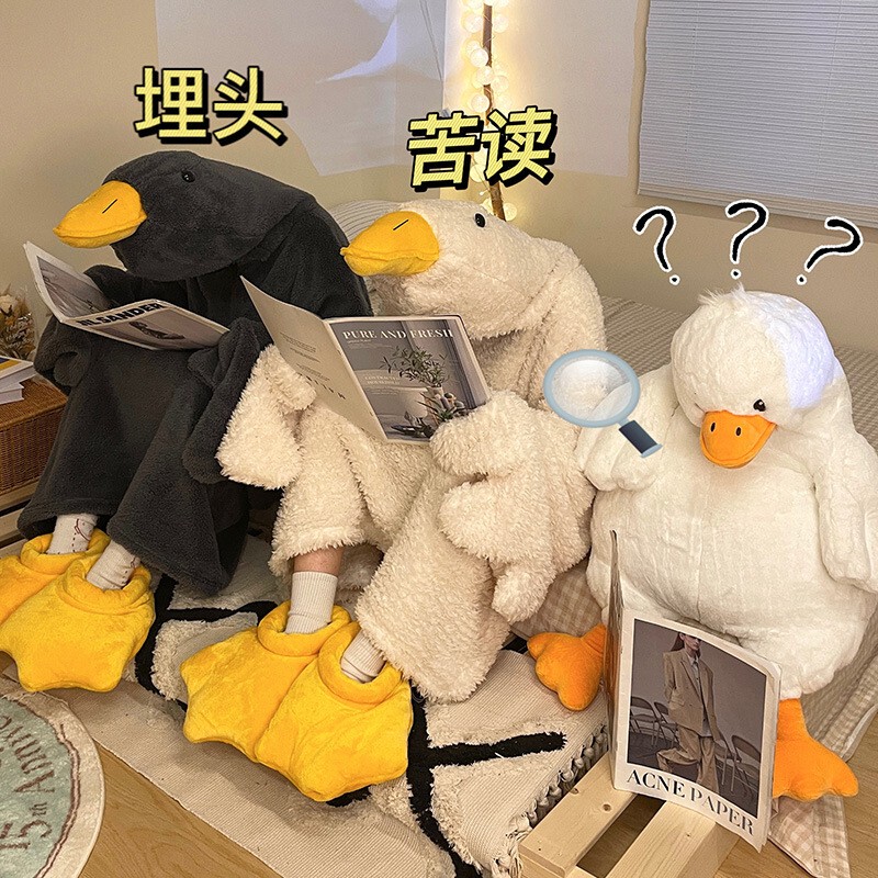 White Goose Coral Fleece Onesie Pajamas for Autumn and Winter, Women's Party Funny Duck Couple Robe, Plus Size for Men