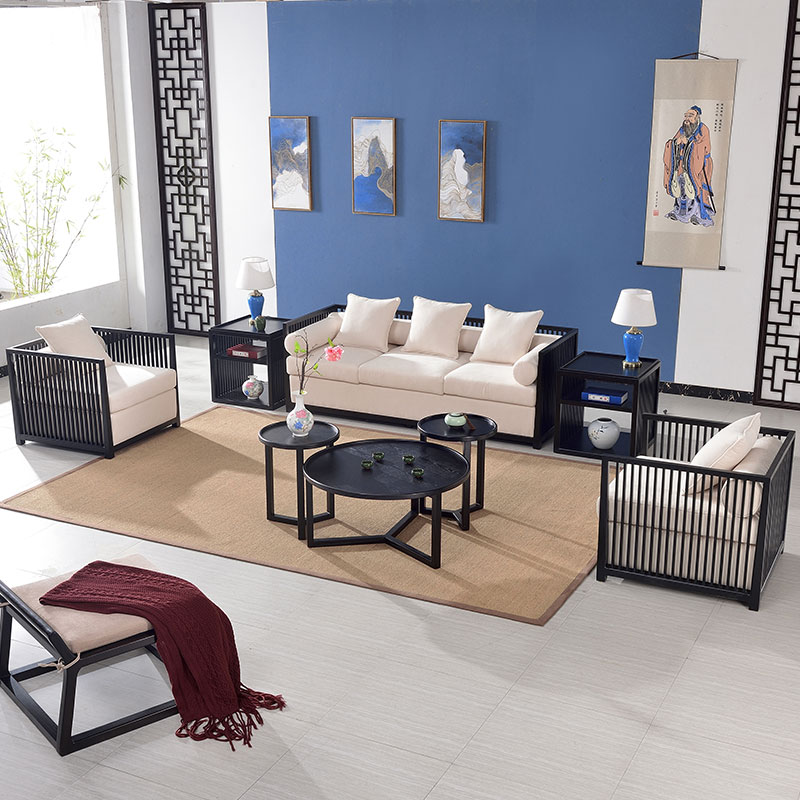 New Chinese Sofa Living-room Solid Wood Sofa Combined Sample House Display Center-Like Board Room Sofa Modern Folk Juku Hotel Furniture