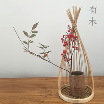 Wooden bamboo flower weaving machine Japanese Chinese Vase ornaments Zen flower arrangement dried flowers simple wooden Nordic tea solid wood