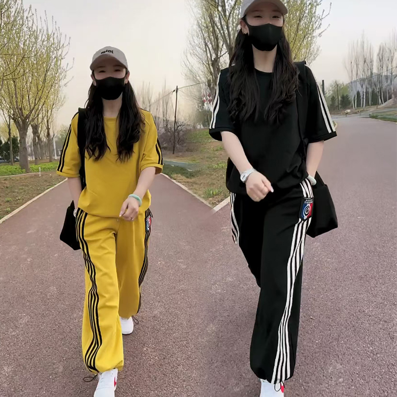 Internet Celebrity Casual Sports Suit for Women, Spring, Summer and Autumn New Style, Korean Style Loose Round Neck Short-Sleeved Sweatshirt, Wide-Leg Pants Two-Piece Set