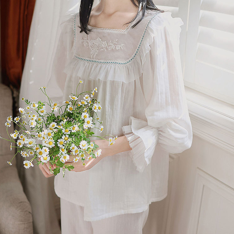 The Façathier Sleepwear Woman Spring Autumn Season Long Sleeve Full Cotton White Palace Vinycourt Retro Cute Princess Home Suit-Taobao