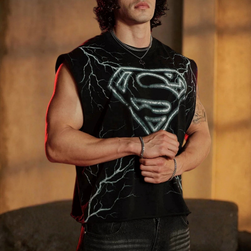 Trendy and Stylish Sleeveless Tank Top for Men, Heavyweight Cotton, Fitness, American Retro Print, Loose and Breathable