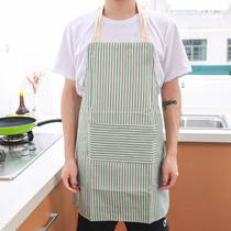 Apron Korean fashion kitchen waterproof and oil-proof adult household cotton and linen striped plaid cooking mens and womens overalls