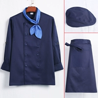 Синий лонгслив, шейный платок, фартук, берет