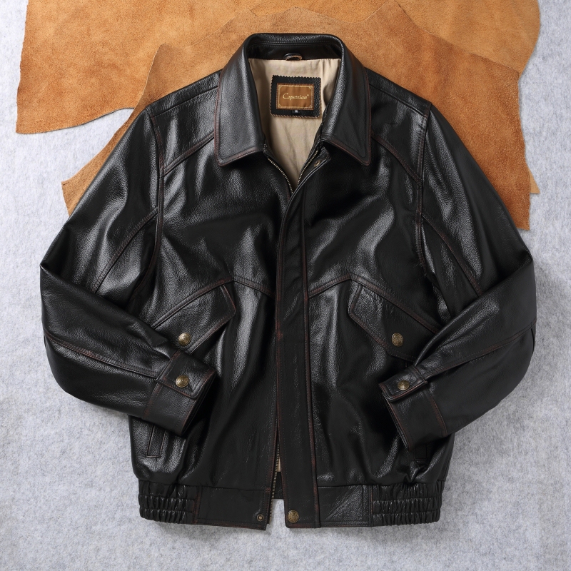 Classic Hong Kong Style Wide-Fit Flight Suit First-Layer Cowhide Genuine Leather Jacket Men's Vintage Hand-Rubbed Color Large Size Leather Jacket