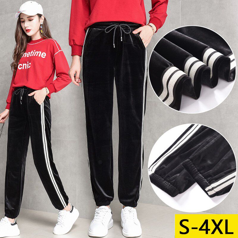 Hong Kong tide brand MK autumn side stripes loose and thin two bars large size fat mm casual harem pants gold velvet women's pants